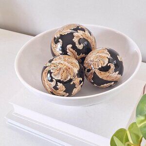 Vintage Chinoiserie Ceramic Balls Set Black Beige Floral Orbs